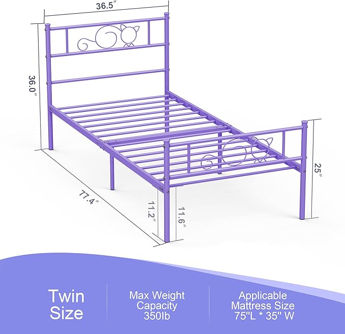 GIME Purple Twin Size Metal Bed Frame for Kids/Girls/Teen/Adult, Cute Cat Design Platform Bed with Hanging Storage Bag, Sturdy Metal Slat Support, No Box Spring Needed, Easy Assembly