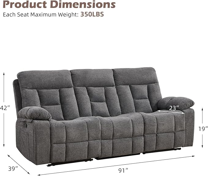 CANMOV 3 Seat Manual Recliner Sofa, Modern Reclining Sofa with Overstuffed Armrest, Hidden Cup Holders, for Living Room, Grey
