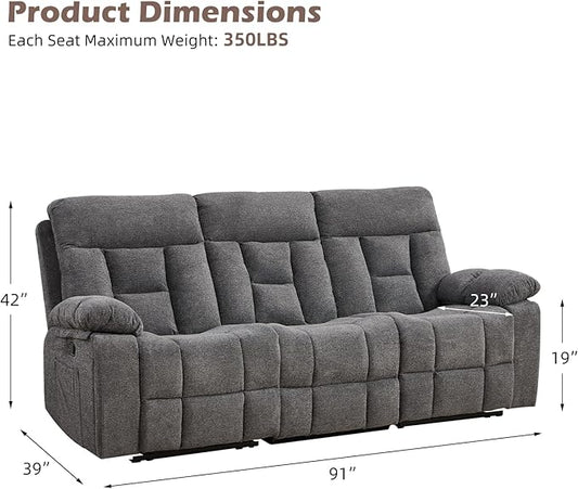 CANMOV 3 Seat Manual Recliner Sofa, Modern Reclining Sofa with Overstuffed Armrest, Hidden Cup Holders, for Living Room, Grey