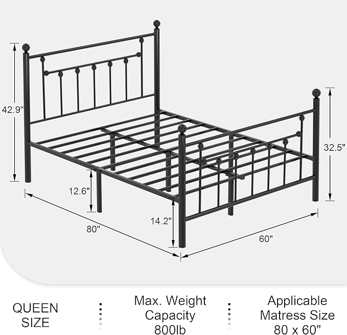 VECELO Queen Size Metal Platform Bed Frame with Headboard and Footboard, Heavy Duty Slat Support / No Box Spring Needed Mattress Foundation/ Underbed Storage Space, Victorian Style