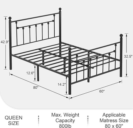 VECELO Queen Size Metal Platform Bed Frame with Headboard and Footboard, Heavy Duty Slat Support / No Box Spring Needed Mattress Foundation/ Underbed Storage Space, Victorian Style