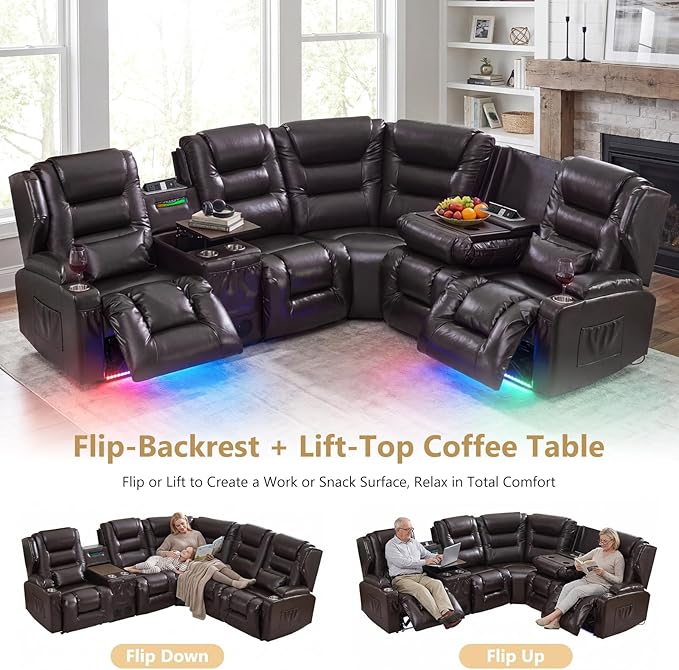 SAMERY Recliner Sectional Couch, Power Reclining Sectional Sofa, Wall Hugger Recliners RV Couch with Corner Couch, Flip-Backrest, Lift-Top Table, Ambient Lights, USB, Faux Leather, Brown | Extra Wide Seat, Plush Padding, Dual Power Recline, Lift-Up Tab...