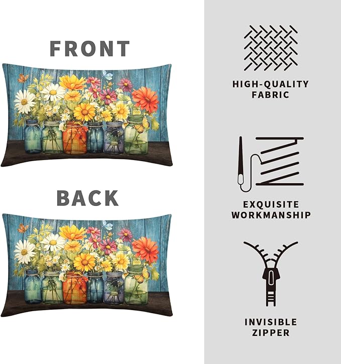 Daisy Floral Lumbar Pillow Covers 12x20 Set of 2 Rustic Vintage Flower Vase Wood Board Throw Pillow Cases Spring Summer Watercolor Flowers Outdoor Pillowcase for Farmhouse Couch Sofa Decor