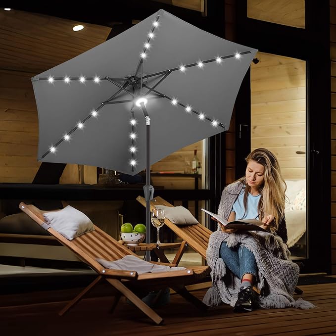 FLAME&SHADE 7.5 FT Solar Light Patio Umbrella, 24 LED Lights Outdoor Umbrella with Centre Surround Light, Table Umbrella Outdoor Patio for Deck, Pool, Backyard, Garden, UV Protection (Anthracite)
