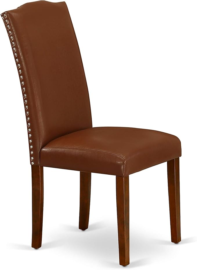 East West Furniture ENP3T66 Encinal Parsons Dining Chairs - Nailhead Trim Brown Faux Faux Leather Upholstered Chairs, Set of 2, Mahogany