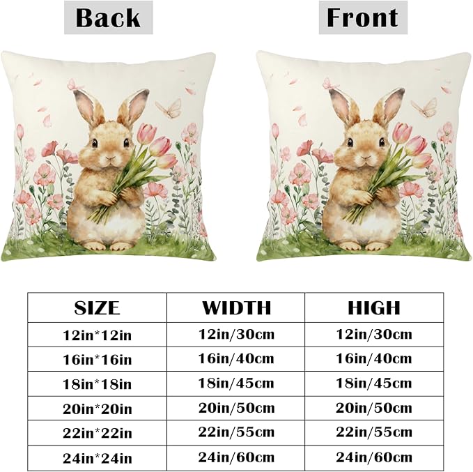 Easter Bunny Outdoor Pillow Covers 24x24 Set of 2 Watercolor Pink Flowers Pillows Cases Farmhouse Rabbit Floral Pillowcase for Sofa Couch Home Decor