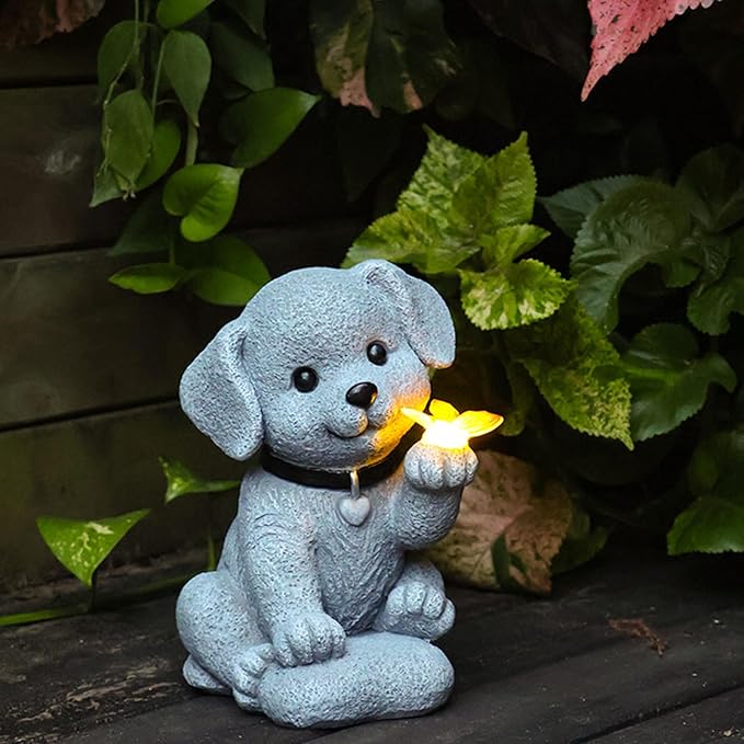 Solar Garden Decor Dog Statue with Butterfly Light Solar Lights Outdoor Waterproof Outdoor Solar Lights Garden Decor for Outside Lawn Decor Cute Dog Statue for Patio, Balcony, Yard Ornament