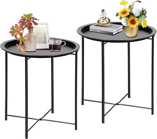 VECELO Side/End Table, Folding Round Metal Anti-Rust and Waterproof Outdoor or Indoor Tray for Living Room Bedroom Balcony and Office, 2 PCS, Black