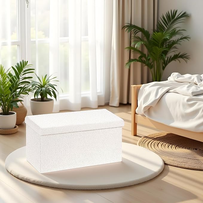 30 Inches Storage Ottoman Bench - Square Ottoman with Sherpa Top,Storage Bench for Bedroom 30" L x 15" W x 15" H - White