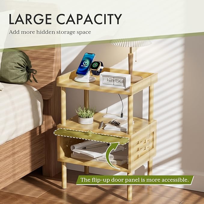 Amazer Bamboo Nightstand with Charging Station, Bedside Table with USB Ports & Outlets, End Table, Night Stand for Bedroom Lift-Up Drawer & Open Shelf, Natural Color