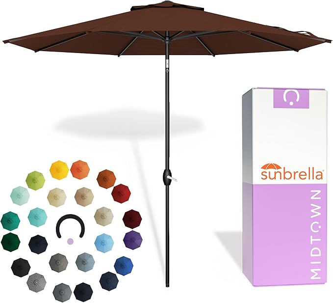 Midtown Umbrellas - The Lean 9 Ft Patio Umbrella with Fade-Resistant Sunbrella Fabric, Auto-Tilt Aluminum Frame and 8 Reinforced Ribs for Deck, Pool & Garden - Bay Brown Canopy, Black Pole