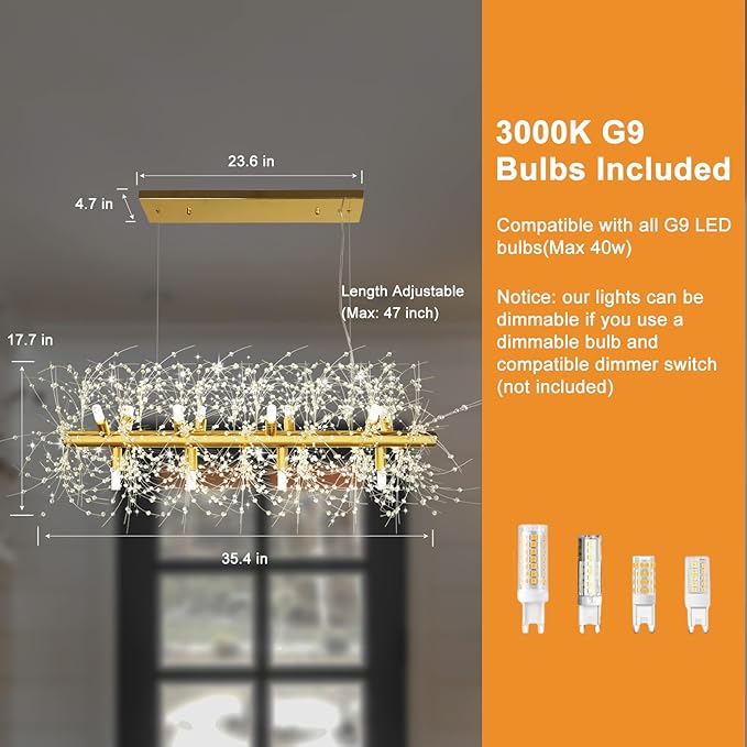 Depuley 35.4" Modern Gold Crystal Firework Chandelier, 12-Light Crystal Light Fixture Hanging, Linear Dandelion Chandelier, Sputnik Ceiling Pendant Light Fixtures for Dining Room(G9 Bulbs Included)