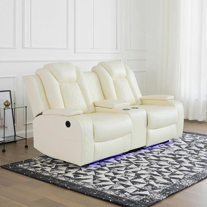 Power Recliner Sofa Set for Living Room, Leather Reclining Sofa Sets with Storage Console, Living Room Furniture Sets with LED Lights(Loveseat,Creamy)