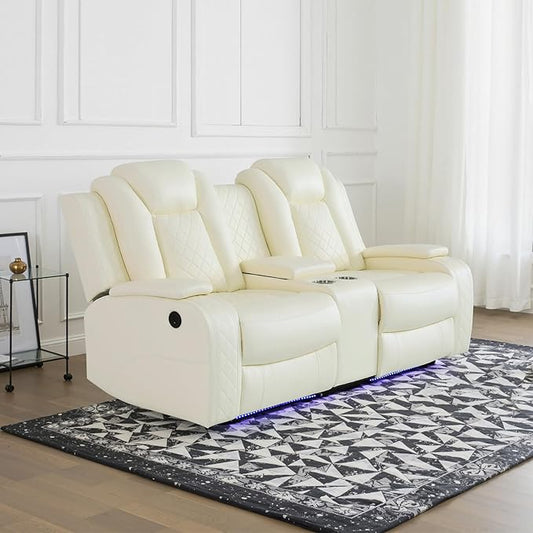 Power Recliner Sofa Set for Living Room, Leather Reclining Sofa Sets with Storage Console, Living Room Furniture Sets with LED Lights(Loveseat,Creamy)