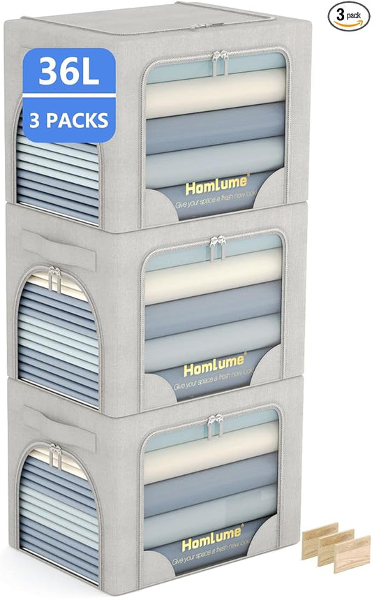 3 Packs Storage Boxes for Clothes Collapsible Storage Bins with Cedar Wood Piece, Linen with Metal Supports and Durable Handles Metal Storage box,Clear Window with Zippers (Light Grey,36L)