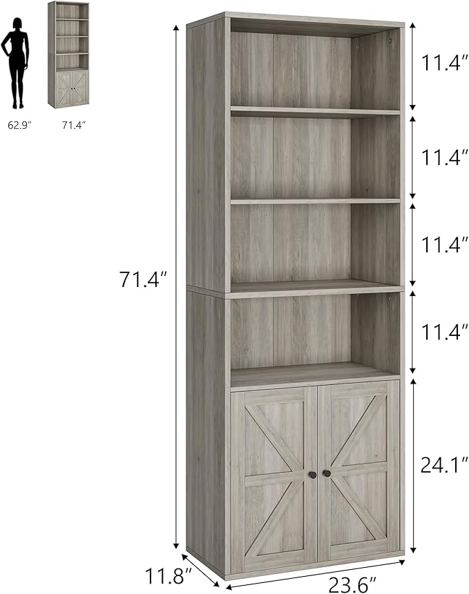 CABIHOME Farmhouse Bookcase with Doors 71.4in Tall Bookshelf 11.8in Depth Display Storage Shelves Industrial Bookcases Wooden 6 Shelf Bookshelves for Bedroom, Living Room, Home Office
