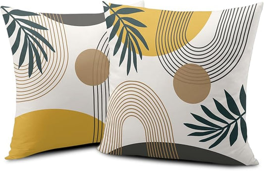 Abstract Boho Pillow Covers 18x18 Set of 2 Mid Century Modern Pillow Covers Minimalist Geometric Green Leaves Throw Pillow Covers Home Decor for Sofa Bed Couch