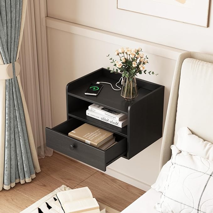 Floating Nightstand Set of 2 Modern Night Stands with Drawer and Open Shelf Cubby Small Bedside End Table with Charging Station Wall Mounted Nightstands Set 2 for Bedroom Black