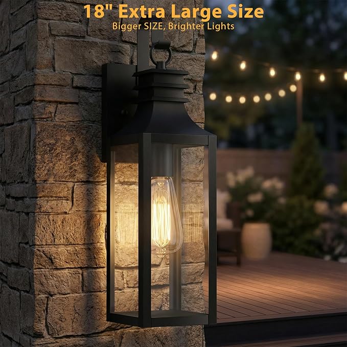 18" Outdoor Wall Lights 2-Pack, Black Modern Exterior Sconces with Clear Glass, Waterproof Aluminum Porch Lighting Fixtures, E26 Medium Base Lantern for House Garage Patio Front Decor
