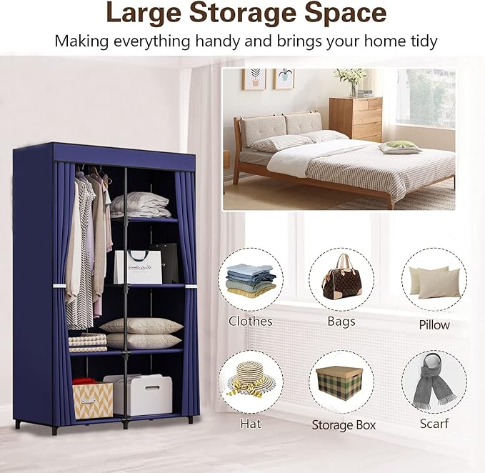 36 Inch Portable Wardrobe Closet Clothes Organizer with Metal Shelves and Dustproof Non-Woven Fabric (Blue)
