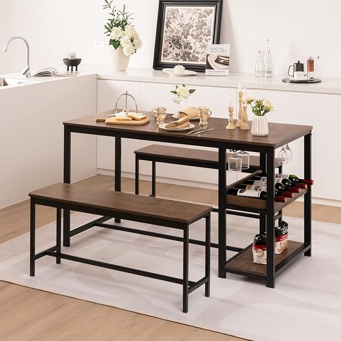 Giantex Dining Table Set for 4, 3-Piece 55" L Kitchen Table Set w/ 2 Benches, Breakfast Table w/ 5-Bottle Wine Rack & Glass Holder, Space-Saving Dinette Set for Dining Room, Kitchen, Apartment