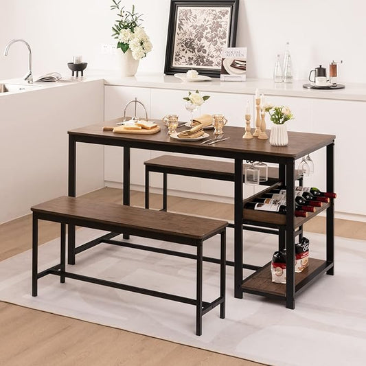 Giantex Dining Table Set for 4, 3-Piece 55" L Kitchen Table Set w/ 2 Benches, Breakfast Table w/ 5-Bottle Wine Rack & Glass Holder, Space-Saving Dinette Set for Dining Room, Kitchen, Apartment