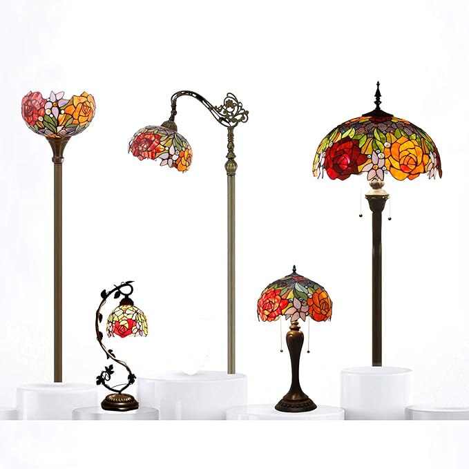 WERFACTORY Tiffany Table Lamp Stained Glass Bedside Lamp Red Rose 16X16X24 Inches Desk Reading Light Resin Base Decor Bedroom Living Room Home Office S001 Series
