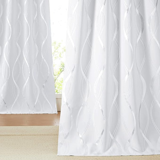 NICETOWN Extra Long Blackout Curtains for Large Window, Greyish White, 2 Panels, 52-inch by 102-inch, Foil Printed Wave Lines Energy Saving Thermal Insulated Draperies for Dining Room Guest Room