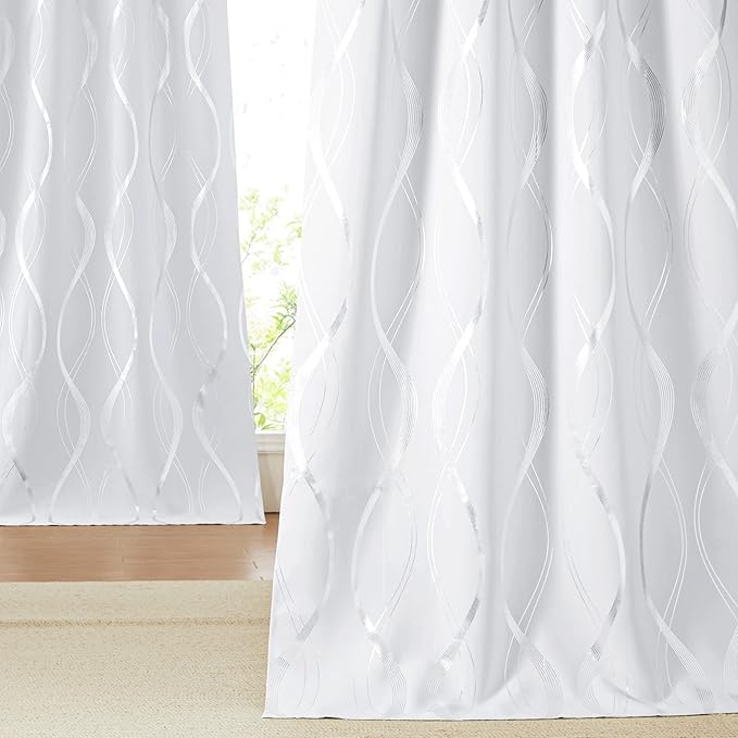 NICETOWN Greyish White Room Darkening Cafe Curtain Panels, 42" Wide x 48" Long, Window Treatment Thermal Insulated Grommet Wave Line Printed Drapes for Kitchen, 2 Pieces