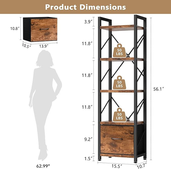 Shintenchi Bookshelf, 5 Tier Bookcase with Drawer, Modern Tall Bookshelves Storage Organizer, Industrial Book Shelves for Bedroom, Living Room, Office, Rustic Brown