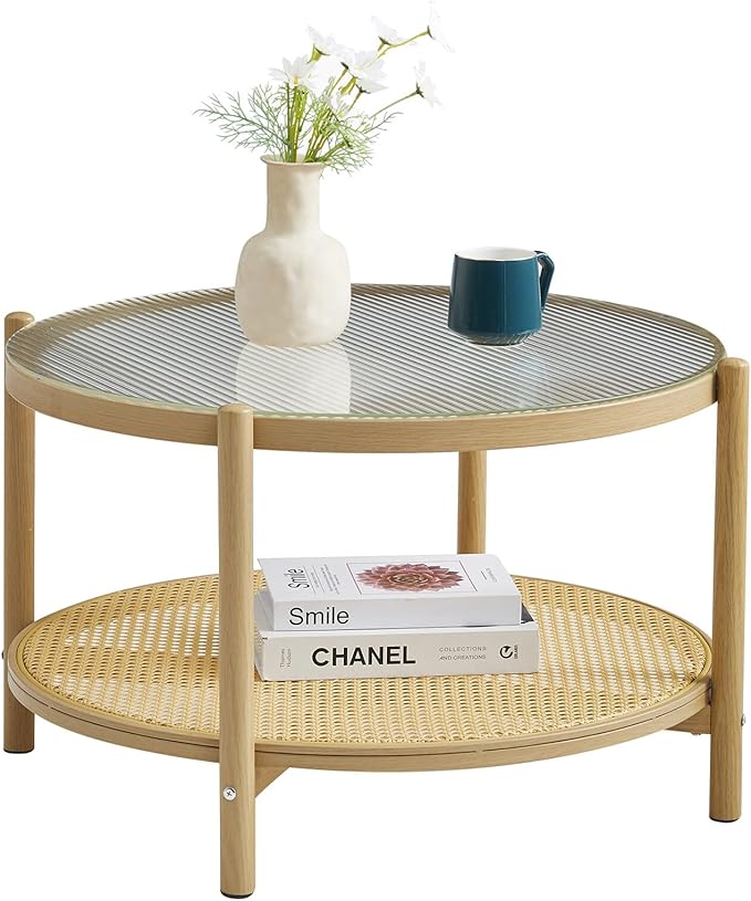 COSVALVE 27.5" Boho Rattan Coffee Table, Round Glass Metal Center Table, Modern Simple 2 Tier Middle Table for Small Space Living Room Bedroom Office Meeting Room