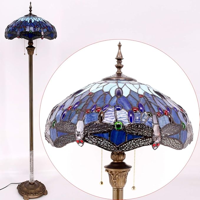 WERFACTORY Tiffany Floor Lamp Dragonfly Blue Stained Glass Standing Reading Light 16X16X64 Inches Antique Pole Corner Lamp Decor Bedroom Living Room Home Office S004 Series (B)