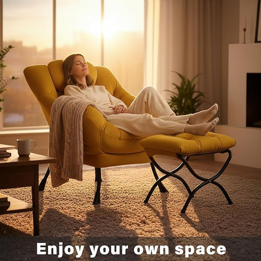 Lazy Chair with Ottoman, Large Accent Yellow Velvet Chair with Side Pocket, Modern Leisure Upholstered Sofa Reading Armchair with Footrest for Office, Bedroom, Living Room, Dorm Rooms, Balcony