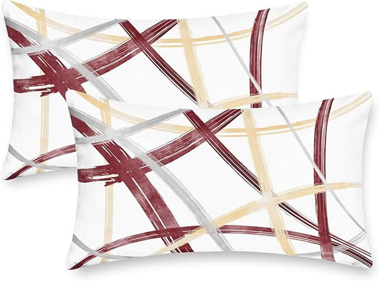 CaliTime Throw Pillow Cases Pack of 2 Cozy Fleece Arc-Shaped Abstract Geometric Lines Decorative Cushion Covers for Couch Bed Sofa Farmhouse Decoration 12 X 20 Inches Burgundy Dusty Pink Grey