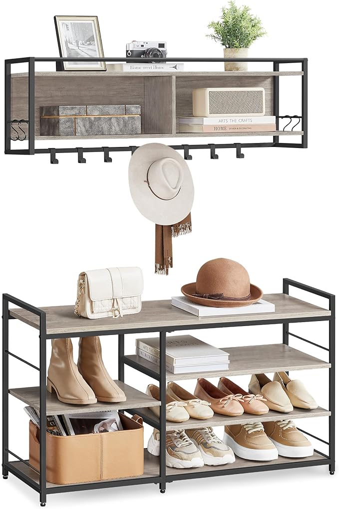 VASAGLE Hall Tree with Shoe Bench, Coat Rack Shoe Bench Set, Entryway Furniture, Multifunctional, 12 Metal Hooks, 4-Tier Shoe Rack, for Entryway, Bedroom, Heather Greige ULSB108K02