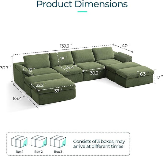 LINSY HOME 139" Modular Couch Modern Boneless Cloud Couch, U Shaped Sofa with Movable Ottomans, Deep Seat Corduroy Sectional Couches for Living Room, Apartment, No Assembly Required, Green