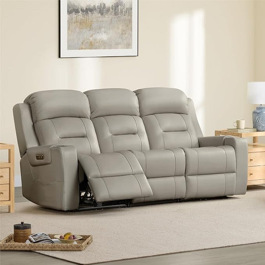 Watson & Whitely Genuine Leather Power Reclining Sofa, 3-Seater Lay Flat Recliner Sofa with Power Headrest, Cup Holders, USB & Type-C Ports, Electric Reclining Couch for Living Room, Grey