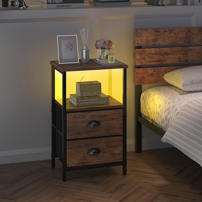 Nightstand with Charging Station, Night Stand with 2 Fabric Drawers, Bedside Table End Table with LED Light, 3-Tier Storage Side Table Nightstand with Drawers for Bedroom,Rustic Brown