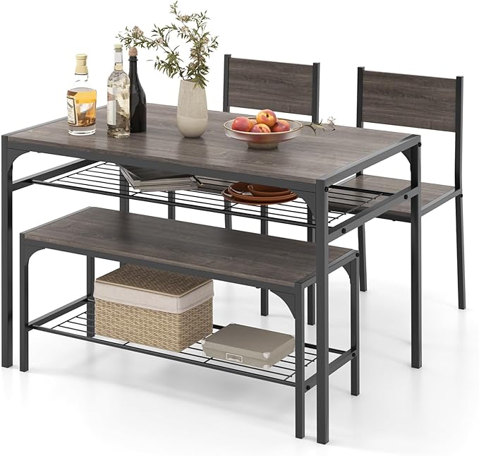 COSTWAY 4 Pieces Dining Table Set, Kitchen Table and 2 Chairs for 4 with Bench, Storage Racks, Metal Frame & Space-saving Design, Industrial Kitchen Table Set for Small Space, Apartment (Black & Grey)