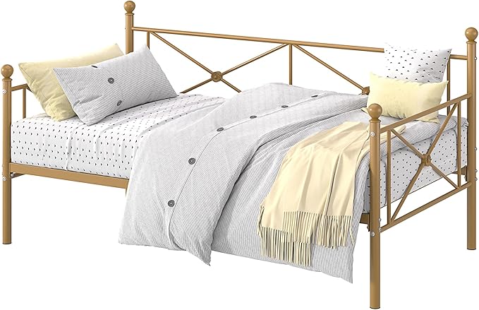 VECELO Daybed Twin Size, Day Bed Frame with Headboard, Heavy-Duty Metal Slats Support Platform for Living Room, Guest Room, Easy Assembly, Gold