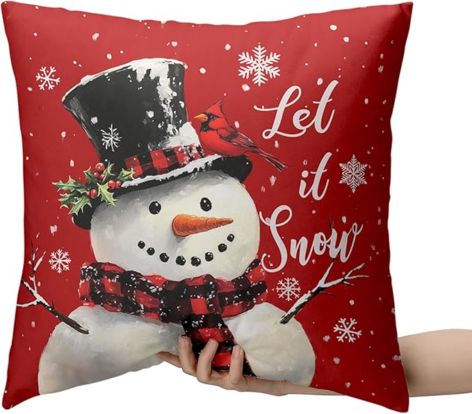 Red Christmas Pillow Covers Snowman Throw Pillow Covers Xmas Tree Pillow Case 20x20 Winter Snowflakes Cotton Blend Cushion Case for Holiday Decor Couch Sofa 2 Pack