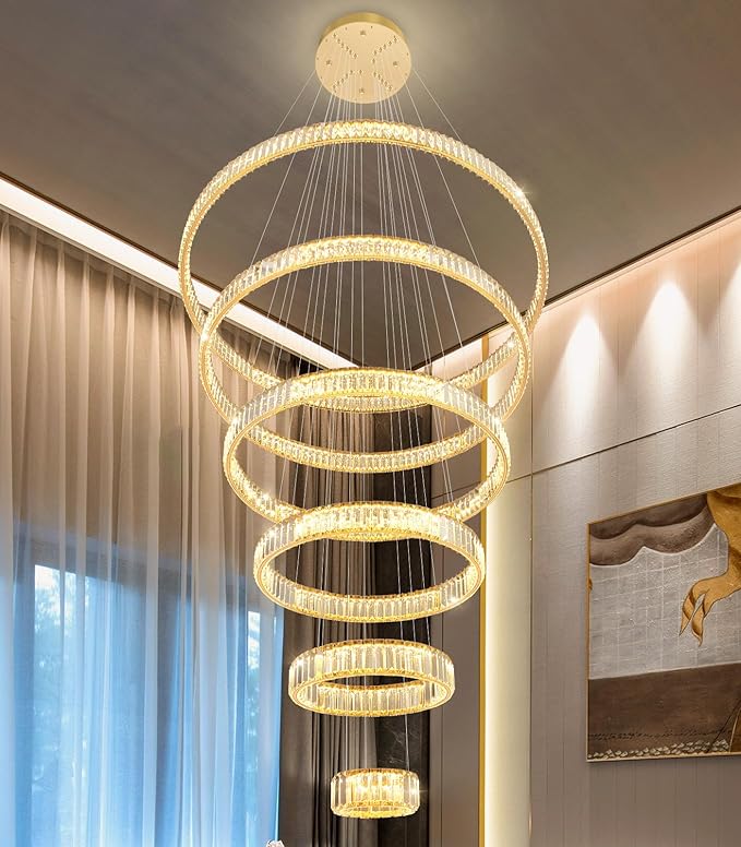 Large Ring Chandelier Modern Crystal Chandeliers for High Ceiling Round LED Dimmable Ceiling Light Fixture for Foyer Long Stair Gold 8''+16''+24''+32''+40''+47''