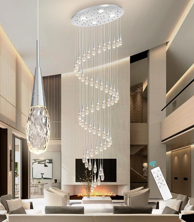 56-Lights 20 Feet Large Modern Chandelier LED Light Fixtures High Ceiling Long Light Chandelier for Entrance Foyer Dimmable Lights with Remote Living Room Ceiling Pendant Lighting Shine Silver