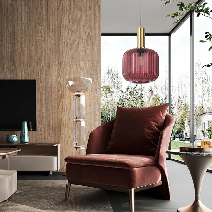 Purple Glass Pendant Light Small Glass Globe Pendant Lamps 1-Light Dining Room Hanging Light Fixtures Vintage Farmhouse Chandelier Lighting for Bedroom Living Room Kitchen Island