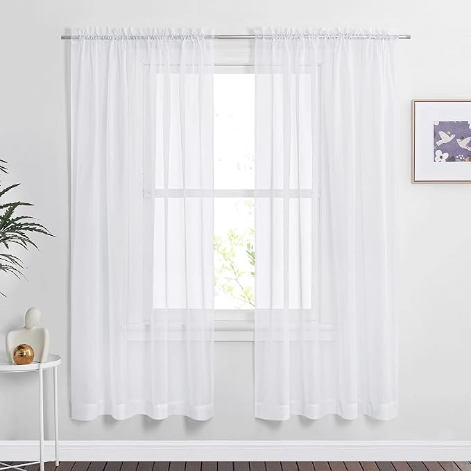 NICETOWN Sheer Curtains 72 inches Length for Living Room, Dual Rod Pockets Airy Window Treatments Voile Sheer Panels Lightweight for Wedding, White, 2 PCs, 60" Width