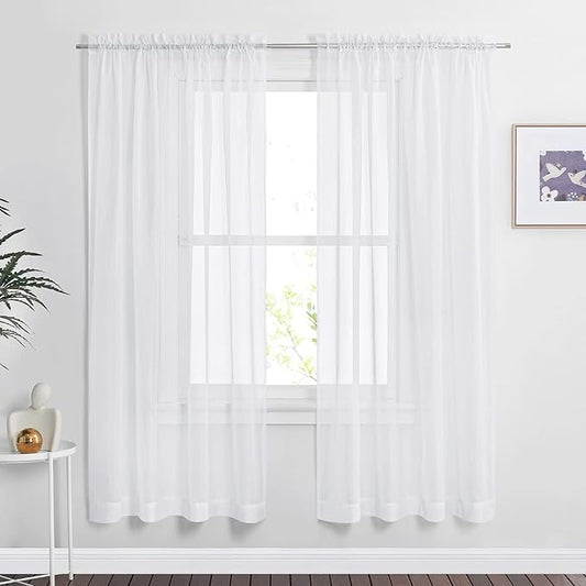NICETOWN Sheer Curtains 72 inches Length for Living Room, Dual Rod Pockets Airy Window Treatments Voile Sheer Panels Lightweight for Wedding, White, 2 PCs, 60" Width