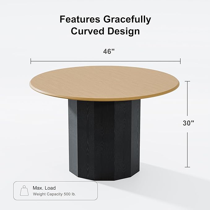 Casaphoria Round Dining Table - 46 Inch Wood & Black Pedestal Base, Modern Kitchen Table for 4, Natural Wood Top with Cylinder Base