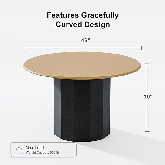 Casaphoria Round Dining Table - 46 Inch Wood & Black Pedestal Base, Modern Kitchen Table for 4, Natural Wood Top with Cylinder Base