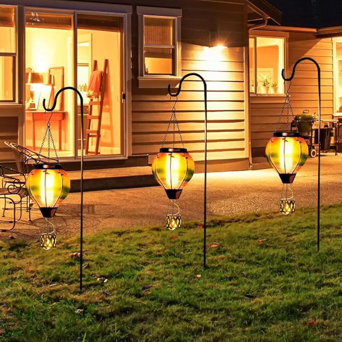 2PCS Colorful Solar Hot Air Balloon Lantern with Flame,Rainbow Wave Glass Solar Hanging Light Outdoor Waterproof for Garden Tree Yard Patio Party Decor