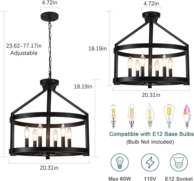 Black Farmhouse Chandelier for Dining Room,6-Light Modern Hanging Drum Chandeliers,20" Rustic Convertible Semi Flush Mount Ceiling Pendant Light Fixture for Kitchen Island Foyer Entryway Bedroom